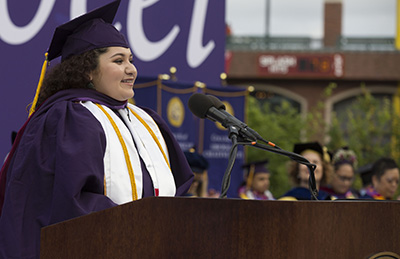 Arianna Vargas speaking at commencement