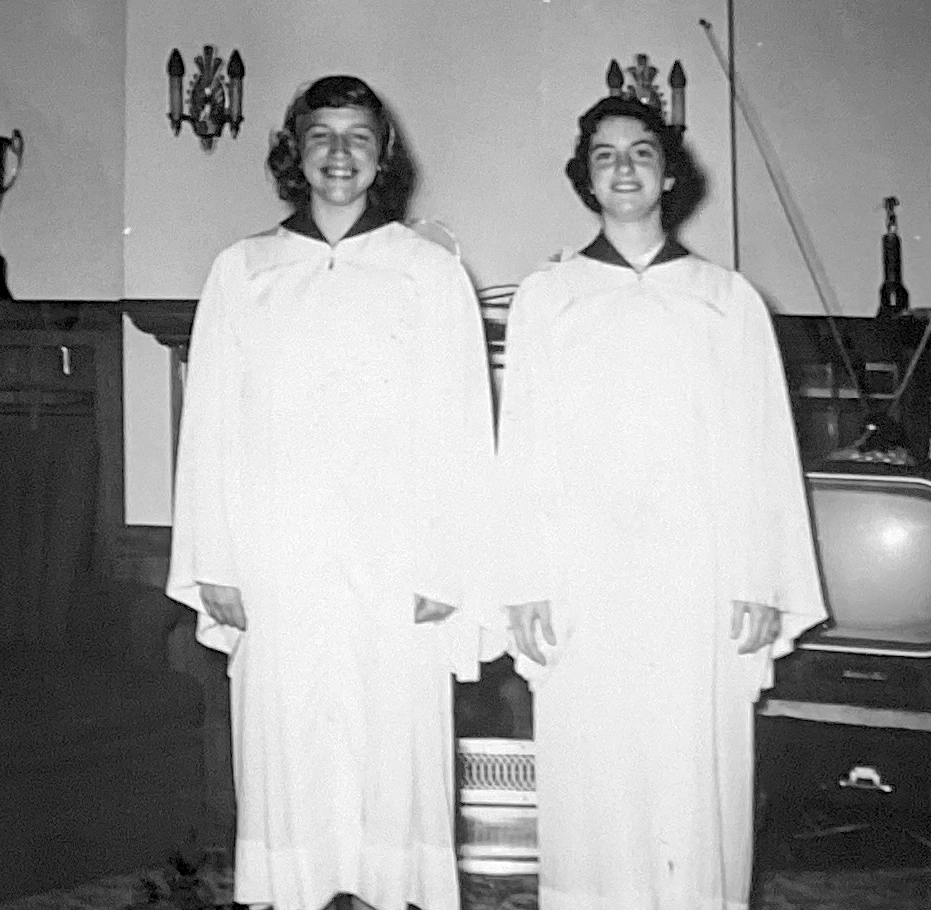 Teenage Karla and Leslie in gowns