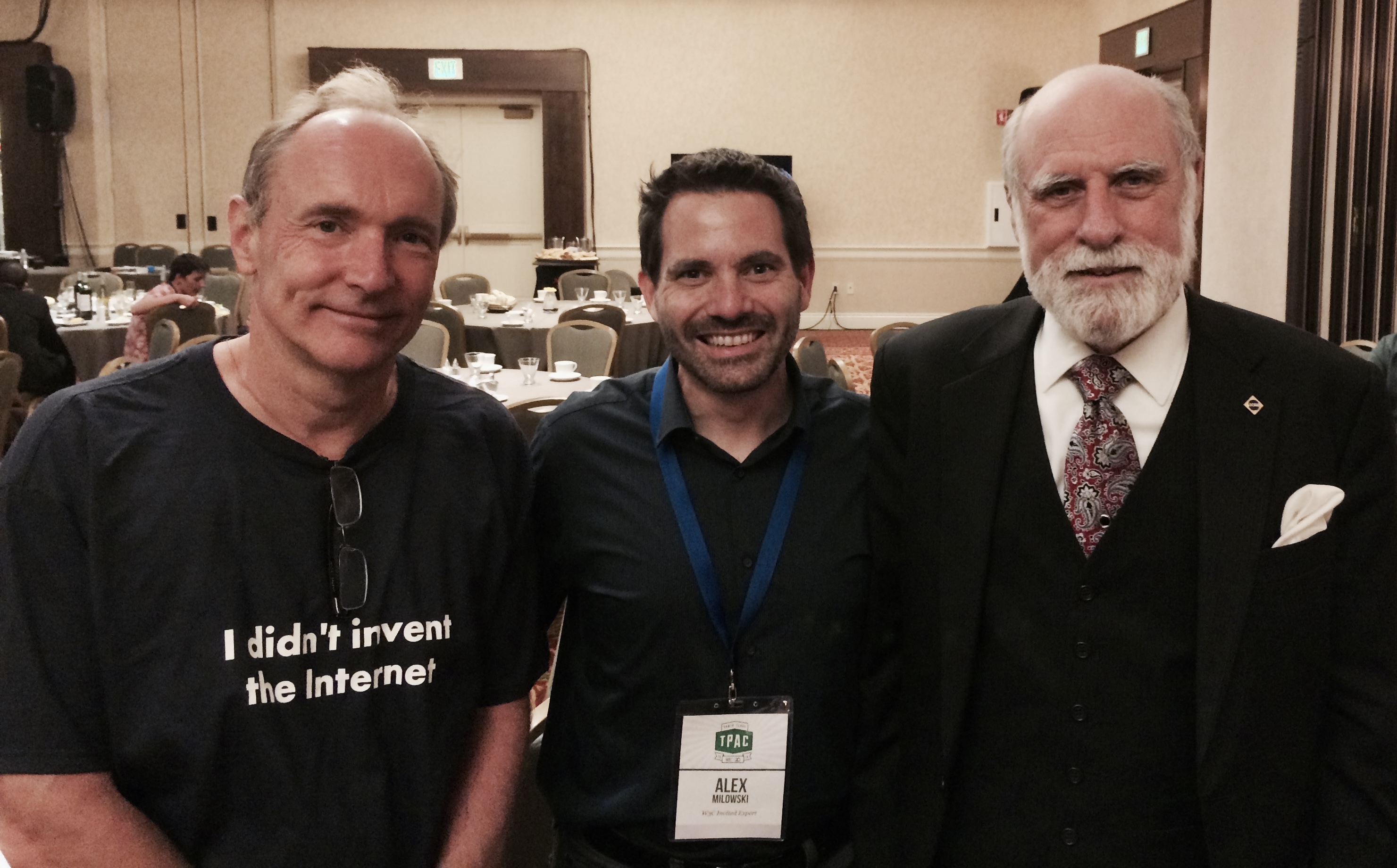 Alex Milowski with the father of the World Wide Web Tim Berners-Lee (left) and a founder of the internet Vint Cerf (right)