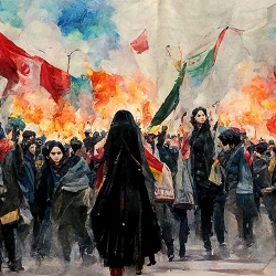 painting of female Iranian protesters